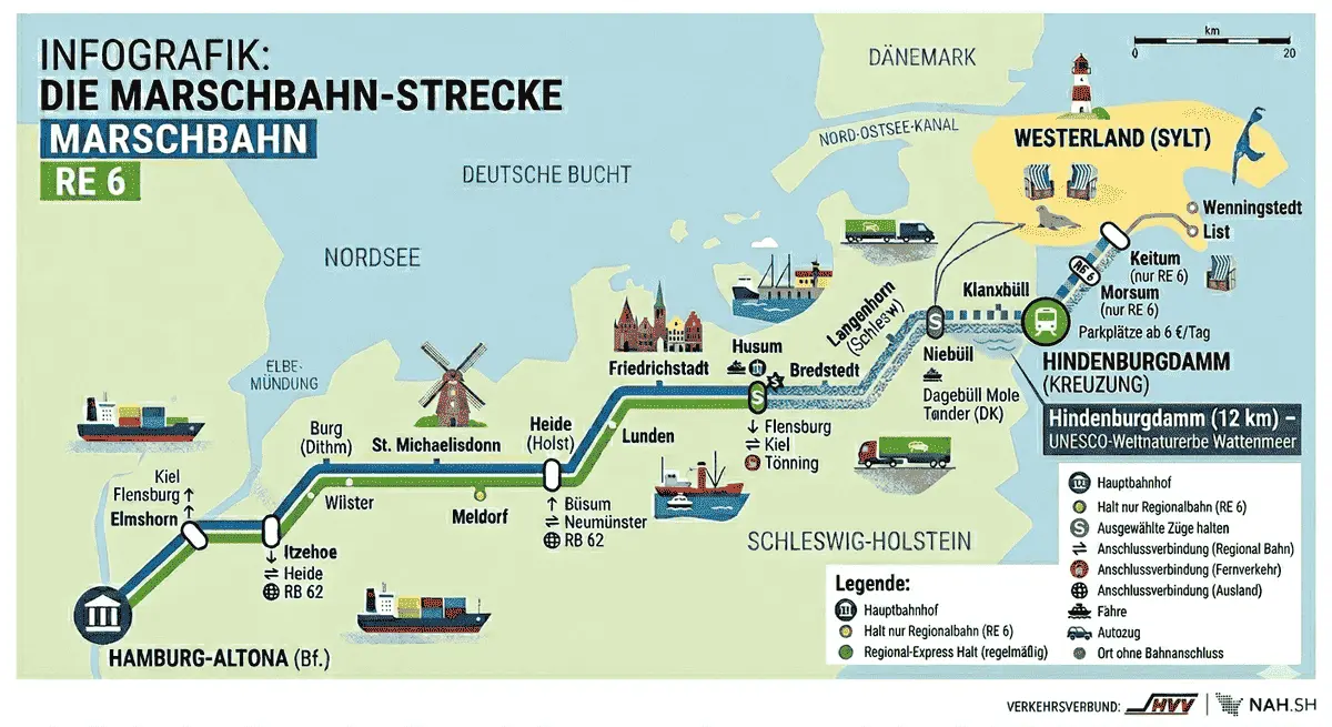 Marschbahn RE 6 Streckenfahrplan: Alle Haltestellen von Hamburg-Altona bis Westerland (Sylt) 2026 – inklusive Hindenburgdamm und Sylter Bahnh&ouml;fe